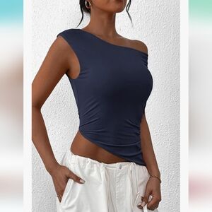 unique and asymetrical Navy Sleeveless Top, versatile fit